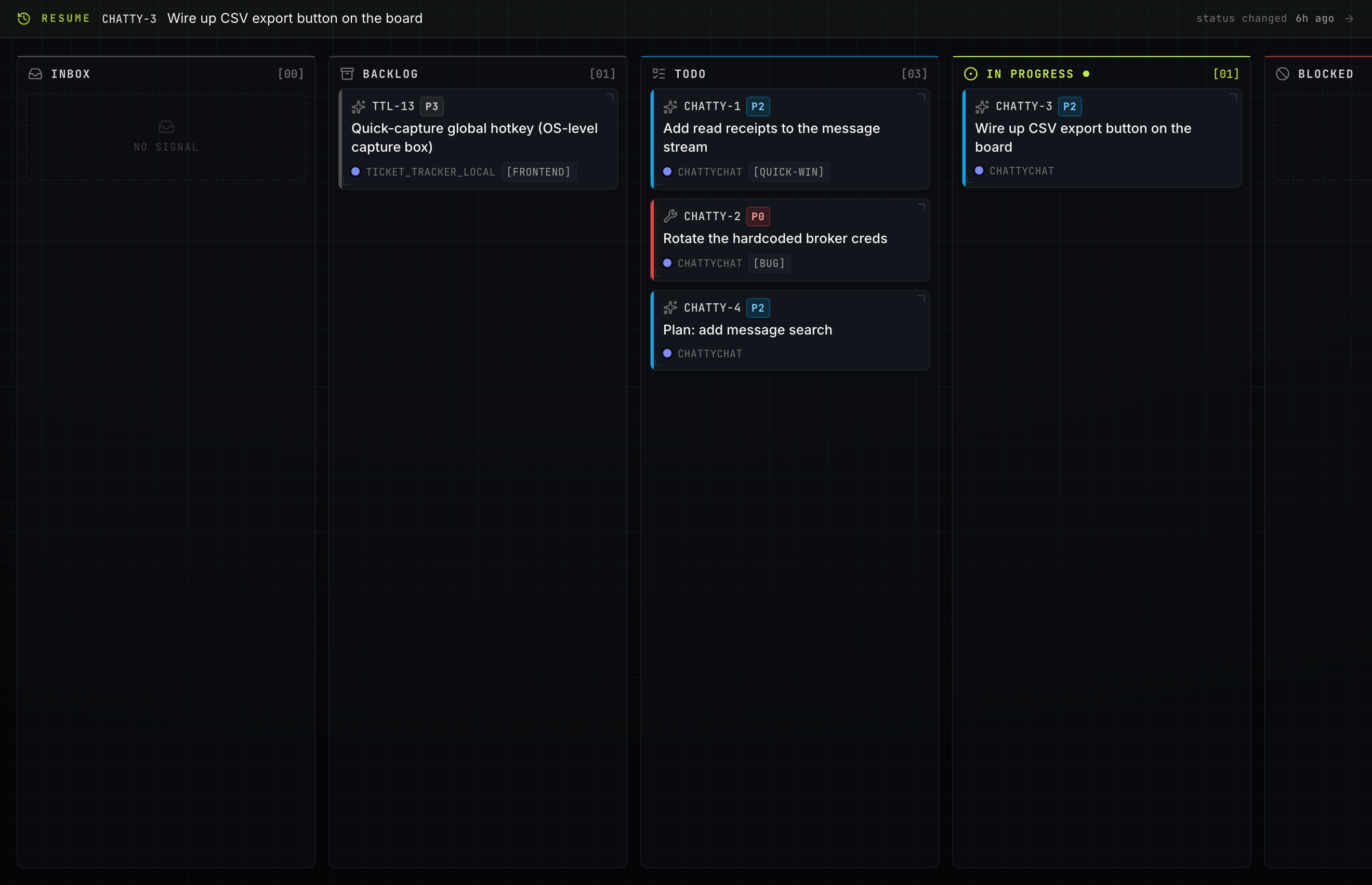 The Shareef Tracker board — a dark "Command Deck" HUD with status channels as columns and instrument-tile tickets