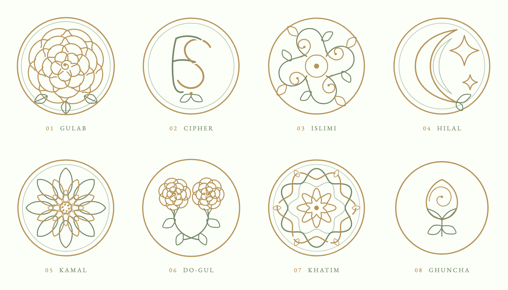 Eight hand-authored envelope seals from one invitation's design study — each drawn large enough to judge the line quality, and again at true size on the envelope
